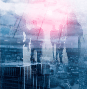 オフィス街とビジネスマンが歩く背中姿